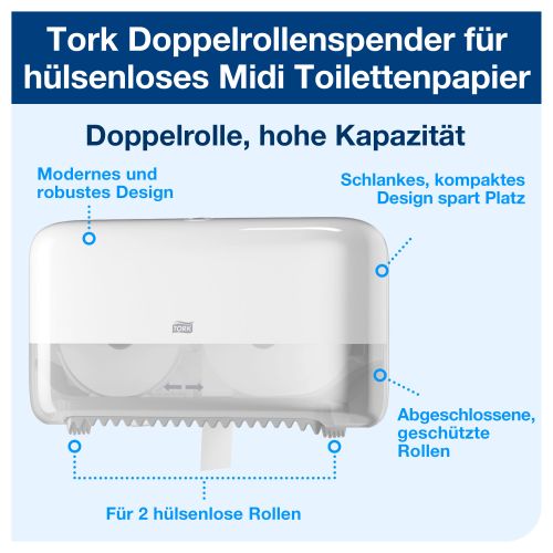 Tork Doppelrollenspender für hülsenloses Midi Toilettenpapier Tork Doppelrollenspender für hülsenloses Midi Toilettenpapier